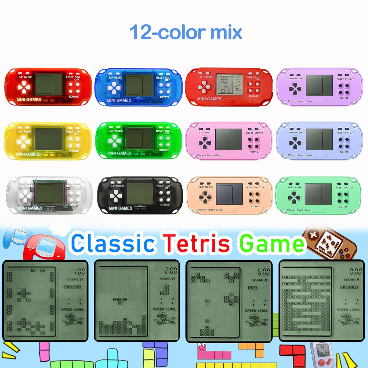 12-100pcs Mini Handheld Game Console Keychain Video Game Party Favors For Kids Birthday Christmas Gifts School Classroom Prizes