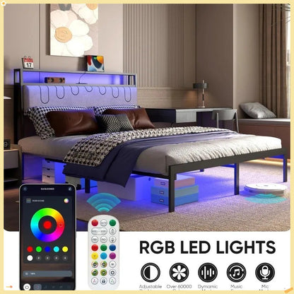 Black Platform Bed Full-Size, Charging Station & LED Lights - Double Storage Headboard for Room
