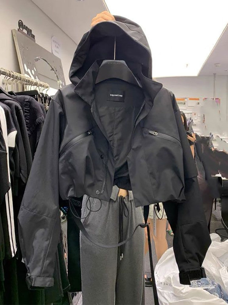 Fashion Short Hooded Jacket 2025 New Spring Black Loose Motorcycle Coats Female Street  Windbreak Short Basic Coat
