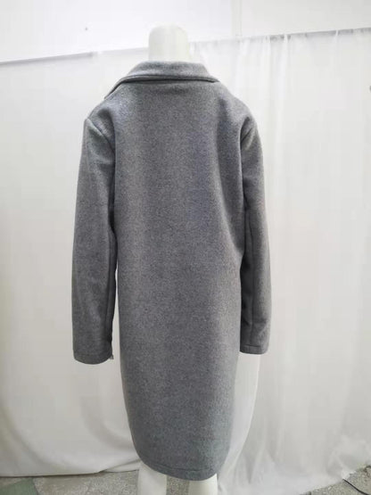 2024 European and American New Solid Color Lapel Mid length Button Woolen Coat for Women