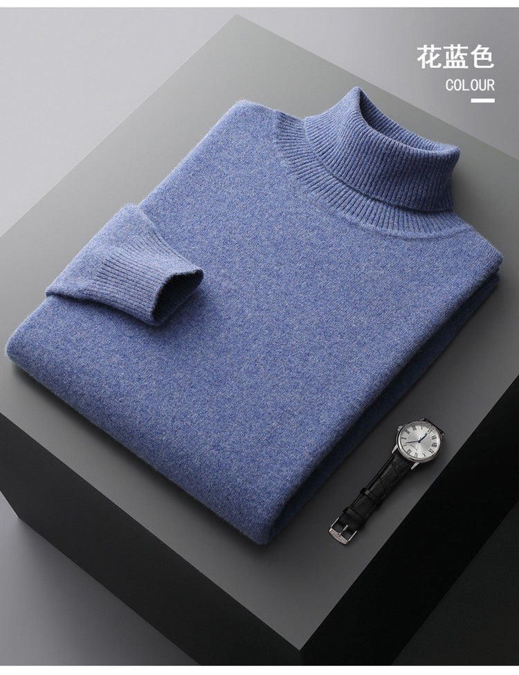 100%Merino Wool Lapel Sweater Men's Turtleneck Loose Knit Pullovers Youth Business Casual Joker Tops Warm Solid Color Base Shirt