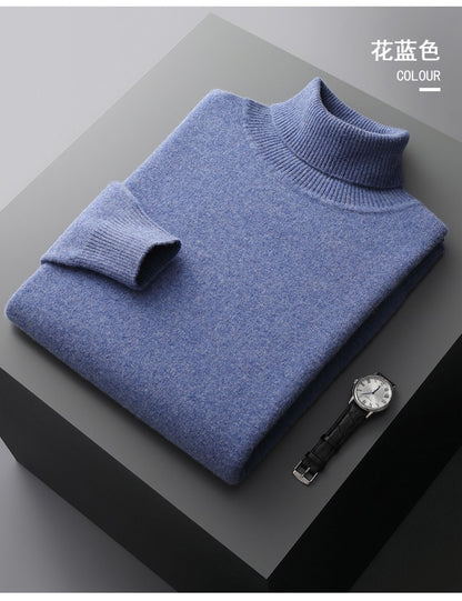 100%Merino Wool Lapel Sweater Men's Turtleneck Loose Knit Pullovers Youth Business Casual Joker Tops Warm Solid Color Base Shirt