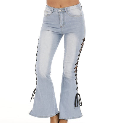 Stretch Braided Women Rope Flared Pants Denim Pants Ladies Push Up Trousers Bell Bottom Jeans Pants High Waist Free Shipping