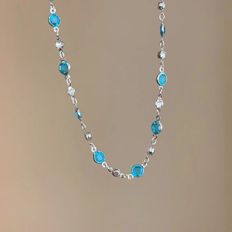 LATS Colar Feminino de Borboleta Cristal Azul Romântico Simples Brilhante Zircônia Camada Dupla Gargantilha Corrente Clavícula Nova Joia Fina