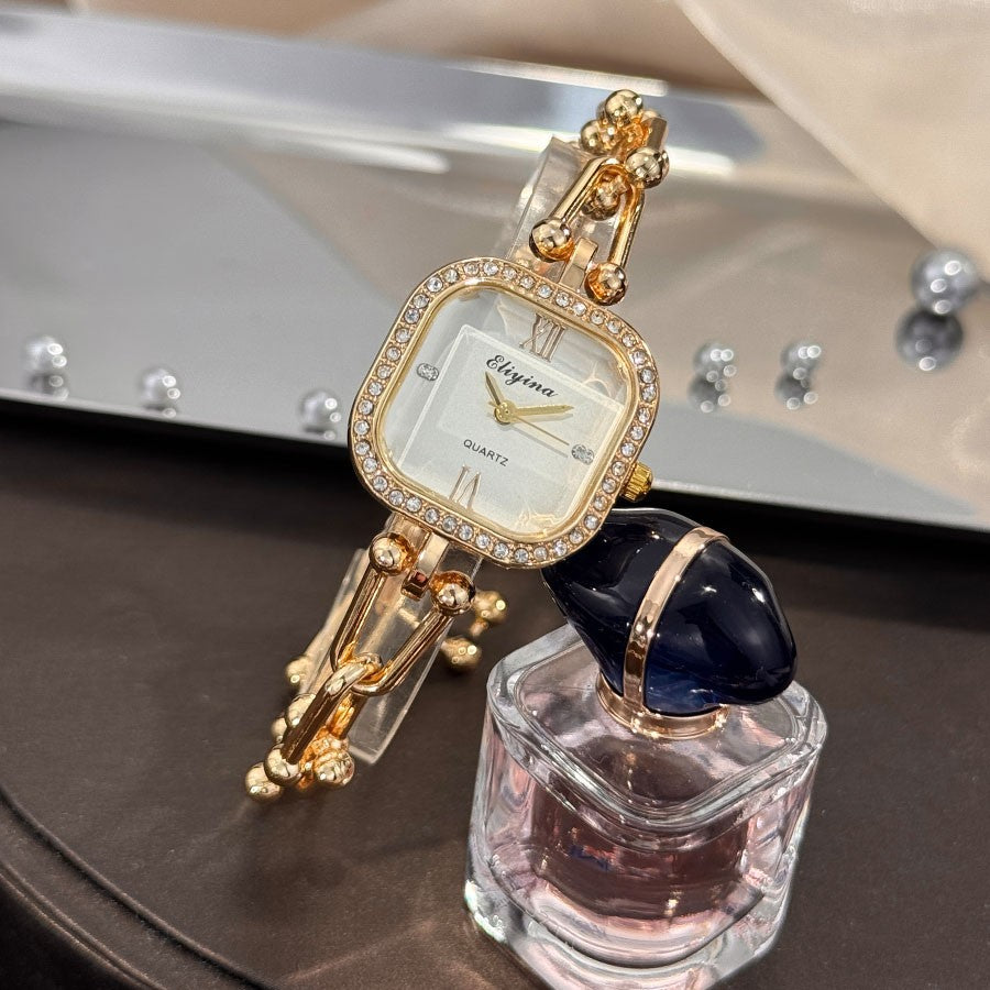 Luxury Minimalist Bracelet Watch Creative Square Multi-Faceted Glass Quartz Movement Chain Mid-century Small High-End Acces