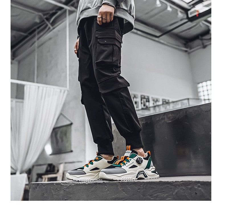 Tênis masculino coreano com fivela rotativa, moda casual, esportivo, para as quatro estações, solado macio, antiderrapante, para corrida ao ar livre, tênis de estudante