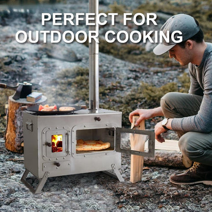 Fogão Multifuncional a Lenha para Acampamento Queimador Externo Portátil com Forno Barraca Fogão Caminhada Piquenique Churrasco Assar Aquecimento Pizza