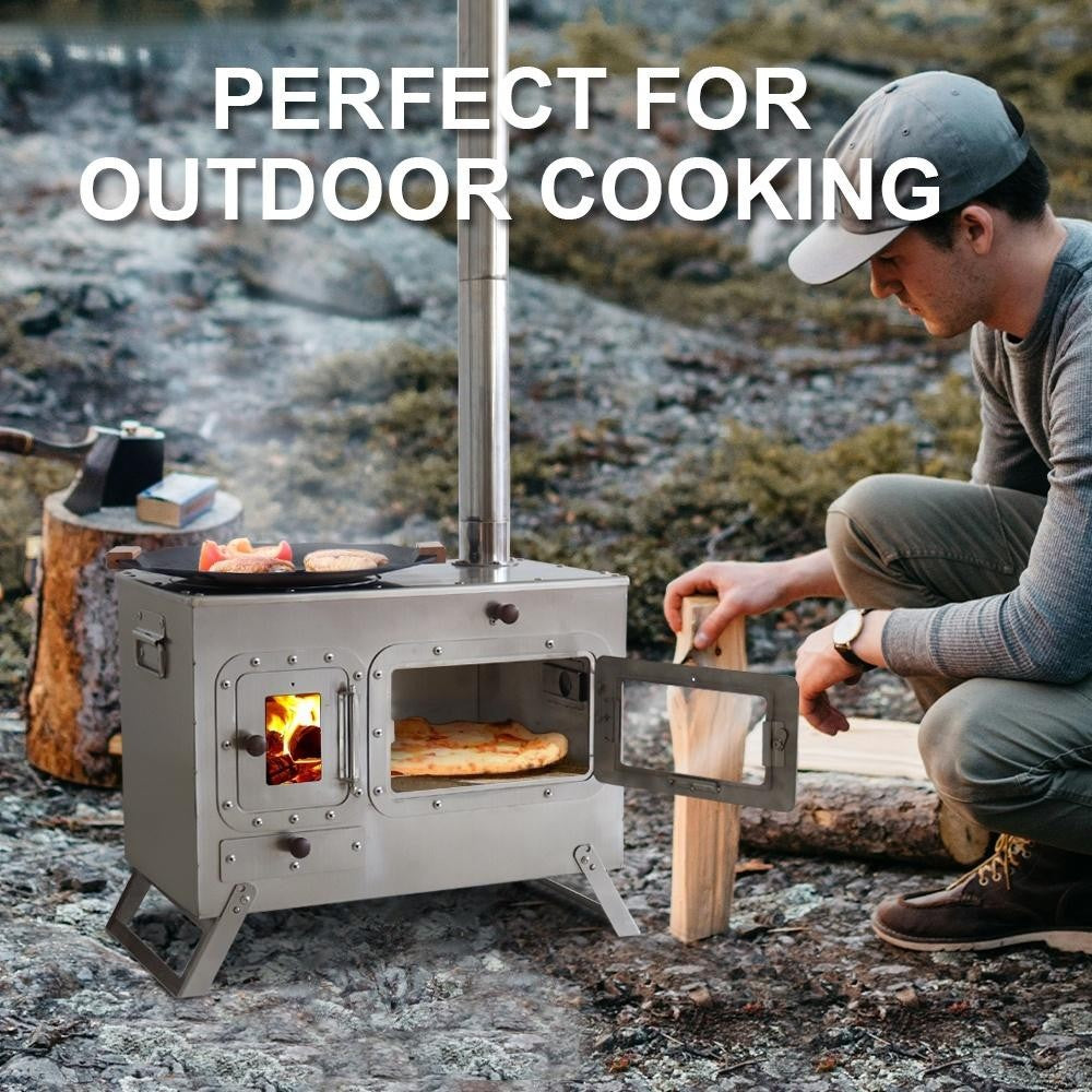 Fogão Multifuncional a Lenha para Acampamento Queimador Externo Portátil com Forno Barraca Fogão Caminhada Piquenique Churrasco Assar Aquecimento Pizza
