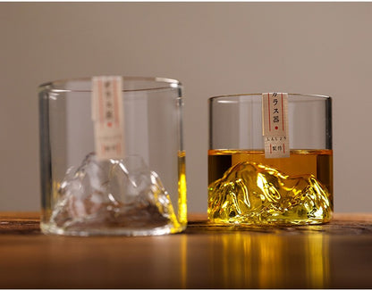 Conjunto de Copos de Uísque de Montanha Glacial 3D Japonesa - Copos Baixos & para Pedras com Caixa de Presente de Madeira para Uísque, Vodka, Vinho