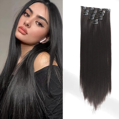 Extensões de Cabelo com 7 Presilhas, Longo, Liso, Rosa, 60CM, Cabelo Sintético Natural, Uso Diário, Aplique para Mulheres