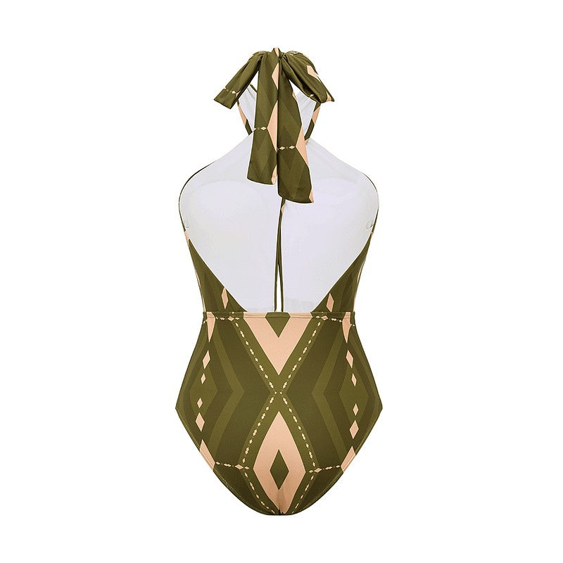 Women Bikini Push Up Swimsuit Halter Neck Geometric Pattern Print One Piece Swimsuit Backless Summer Swimwear Bathing Suit