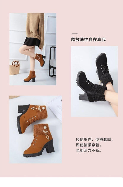 Women's Designer High Heels Shoes 2023 Winter New Warm Non-slip Block Cow Suede Warm Snow Boots Fashion Crystal Plush Goth Botas