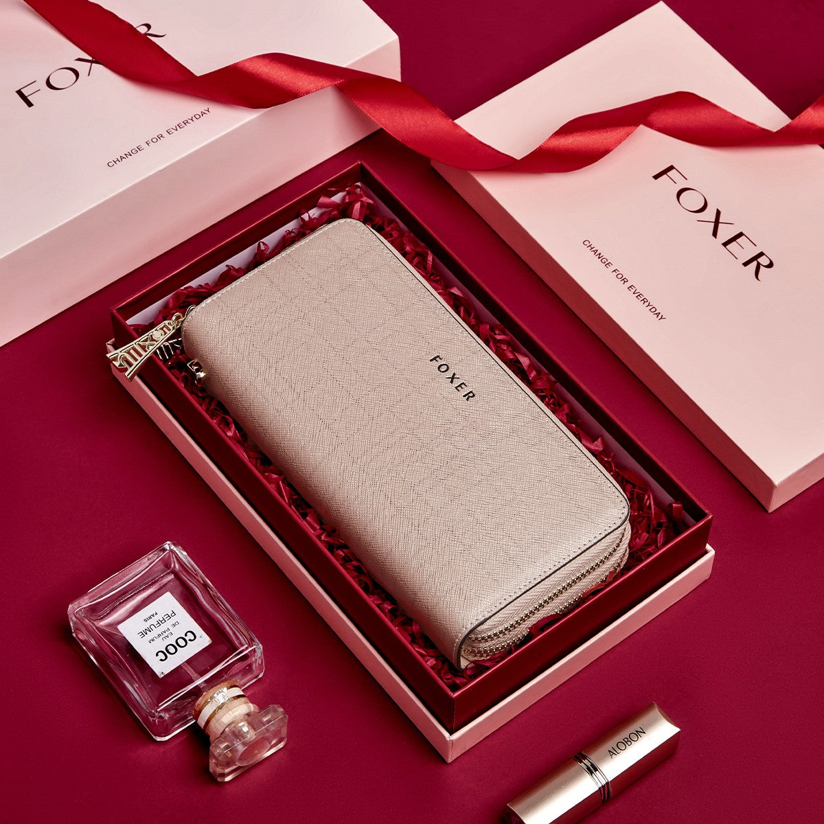 FOXER Split Leather Lady's Wallet Bifold Long Clutch Bag with Wristlet Fashion Card Holder Coin Purse Cellphone Money Bag