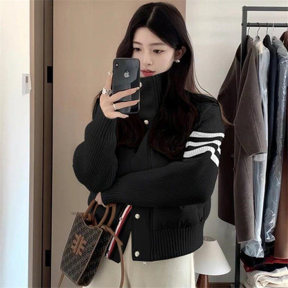 Little Women's Wear Knitted Stitching Coat Down Cotton-padded Short Female 2025 Winter Casual Jacket Loose Collar Thick Overwear