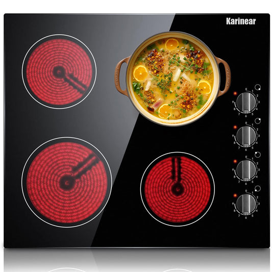 Karinear 4 Burners Electric Cooktop, 24 Inch Built-in, 220-240v, 6000W, Knob Control, Residual Heat Indicator,Hard Wire(No Plug)