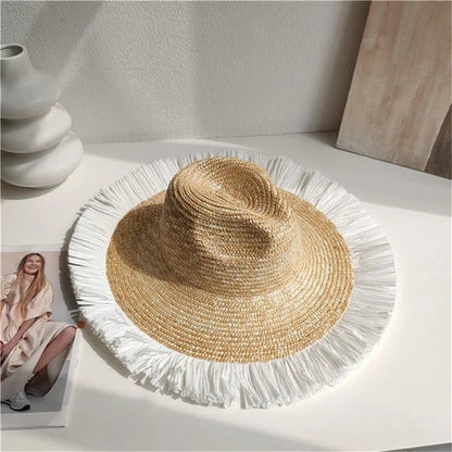 Chapéu de palha de verão alfinete de pérola chapéu de palha feminino de aba plana oco com ranhuras de verão para praia e sol sombreiro ????