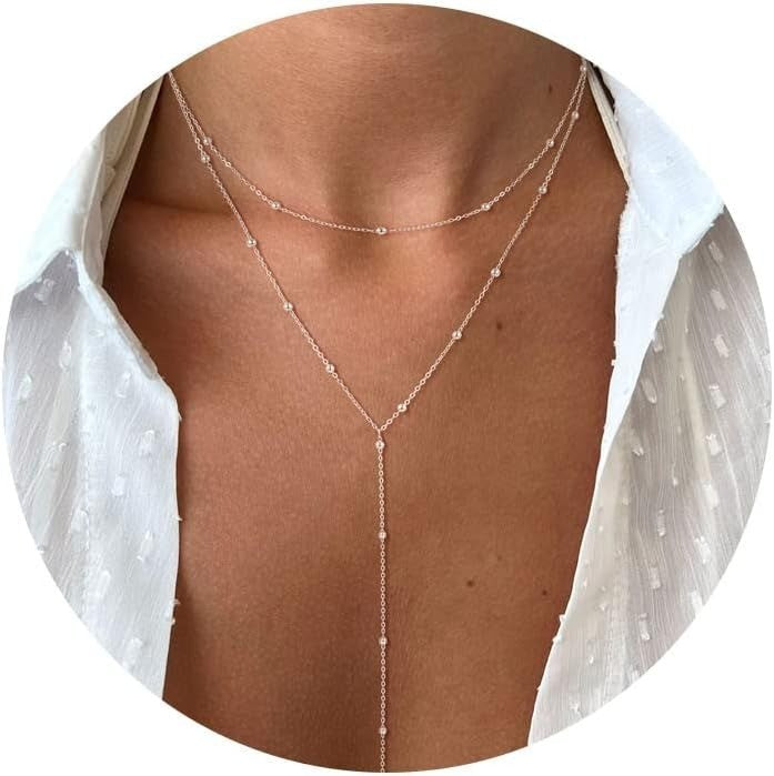 Gold Necklace for Women 14k Gold Plated/Silver Y-Shaped Pendant Necklace Layered Beaded Chain Drop Necklaces For Women Gift