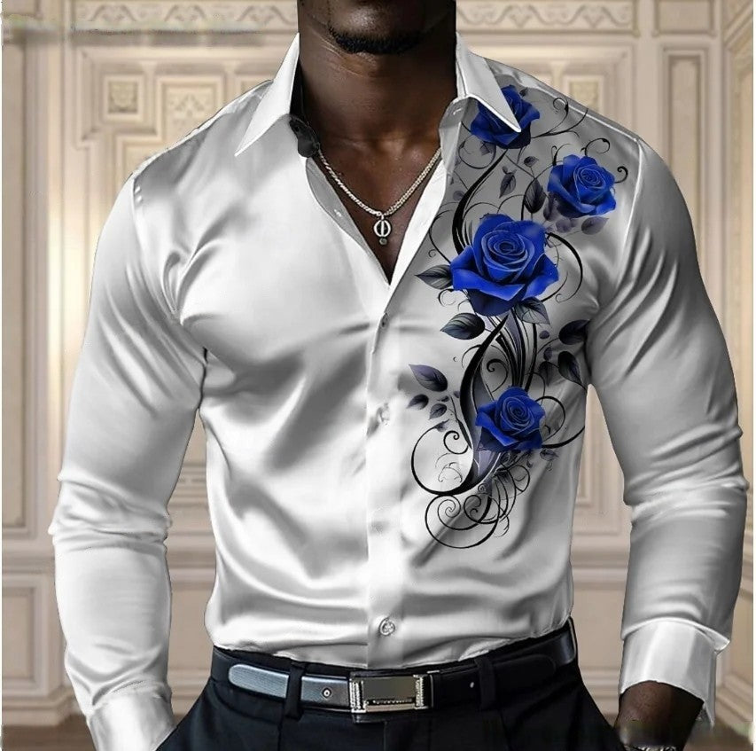 High-end men's rose shirt, casual and comfortable button-down long-sleeved shirt, fashionable four-season shirt, plus-size desig