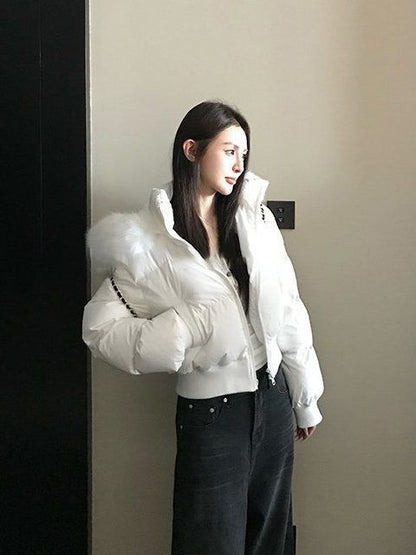 Fashion Street Simple Fur Collar White Zipper Hooded Short Jacket Women 2025 Winter Plus Velvet Thickened Warm Casual Jacket