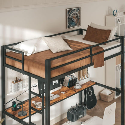 Cama Beliche Loft de Metal Tamanho Solteiro com Escrivaninha, Tomada, Luzes LED, Economia de Espaço, Sem Ruído, Preto