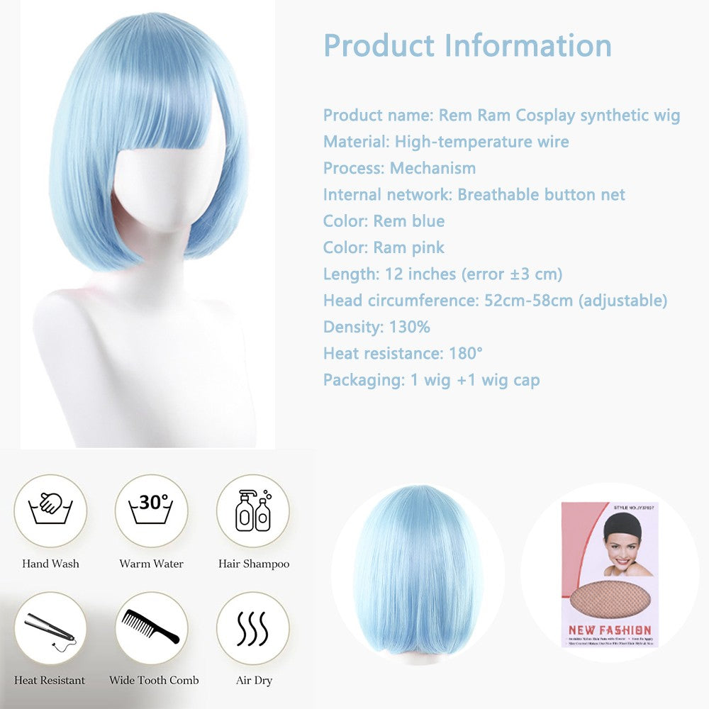 High-Quality Anime Ram Rem Cosplay Synthetic Hair 12-Inch Blue And Pink Short Halloween Daily Party Heat-Resistant Wig Natural