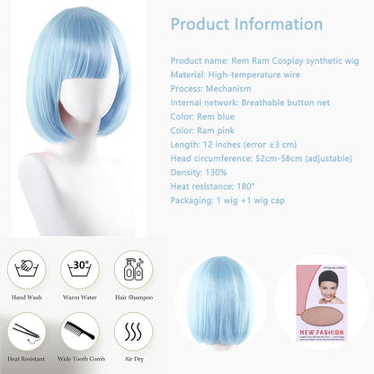 High-Quality Anime Ram Rem Cosplay Synthetic Hair 12-Inch Blue And Pink Short Halloween Daily Party Heat-Resistant Wig Natural