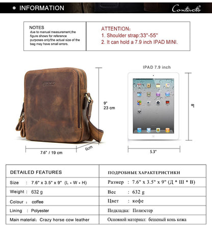 CONTACT'S Genuine Leather Men's Messenger Bag Vintage Sling Shoulder Bags for 7.9" iPad Mini High Quality Male Crossbody Bag Men