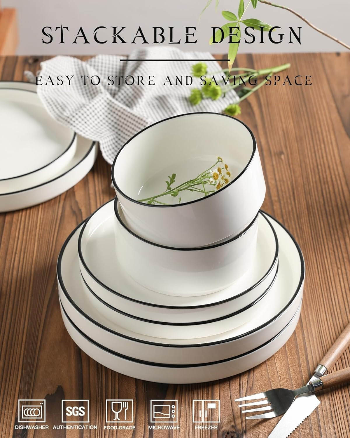 Porcelain Dinnerware Sets for 4, 12 Pieces Ceramic Plates and Bowls Set, Classic Modern Simple Kitchen Dinner Dining Ware Set, D