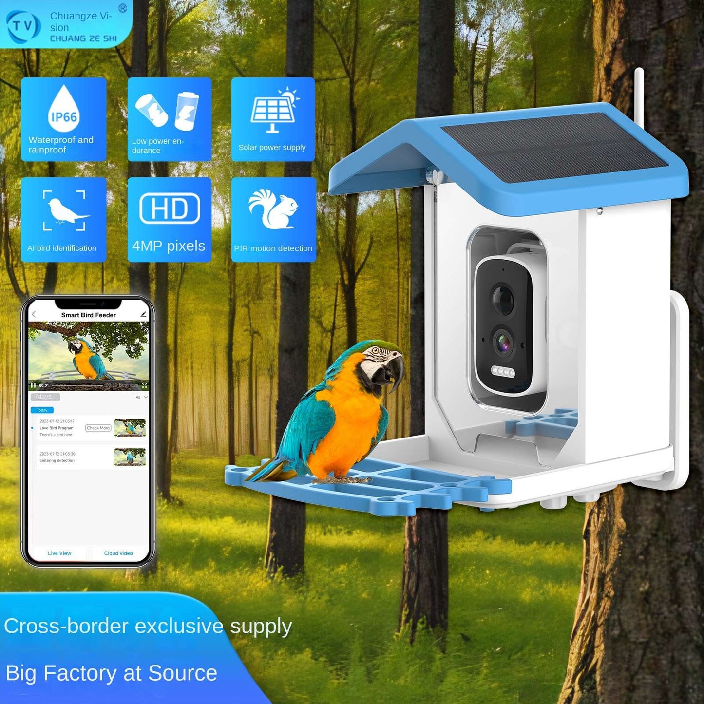 Comedouro Inteligente Solar para Pássaros com Câmera de 4MP Identificação de Pássaros por IA Visão Noturna Design à Prova de Intempéries para Uso Externo