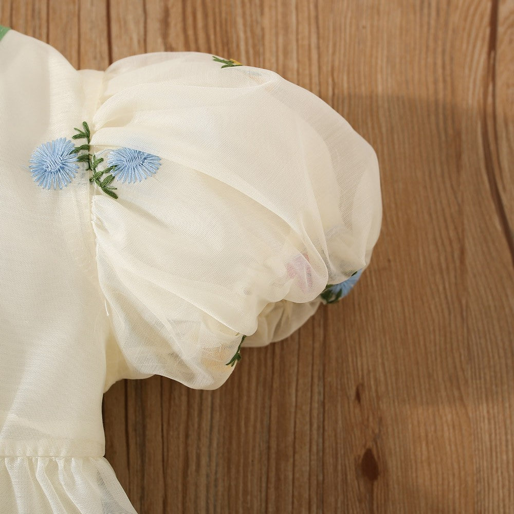 Summer Flower Embroidered Chiffon Dress for Baby Girl Birthday Dress High Quality Kids Clothes Send Big Bow
