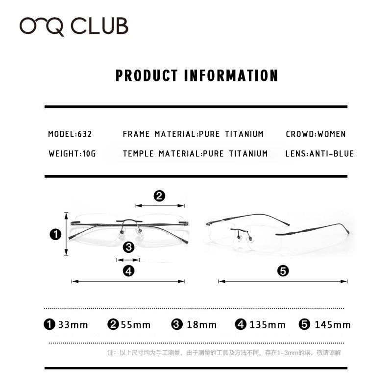 O-Q CLUB Ultra-light Titanium Reading Eyeglass Frames Men Fashion Simple Rimless Myopia Glasses Customized Prescription Glasses