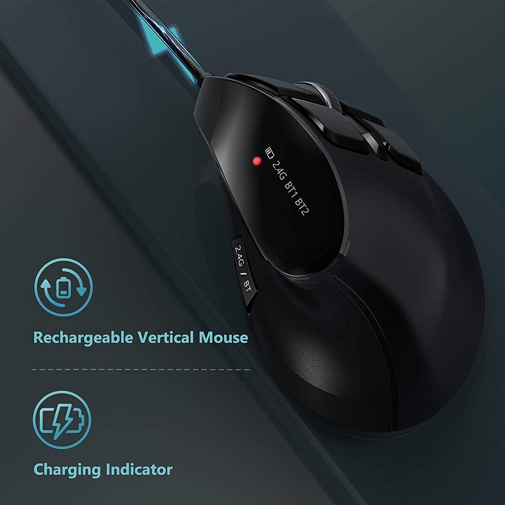 Mouse sem fio vertical Bluetooth para tablet, laptop e notebook, recarregável, USB, sem fio, ergonômico para destros