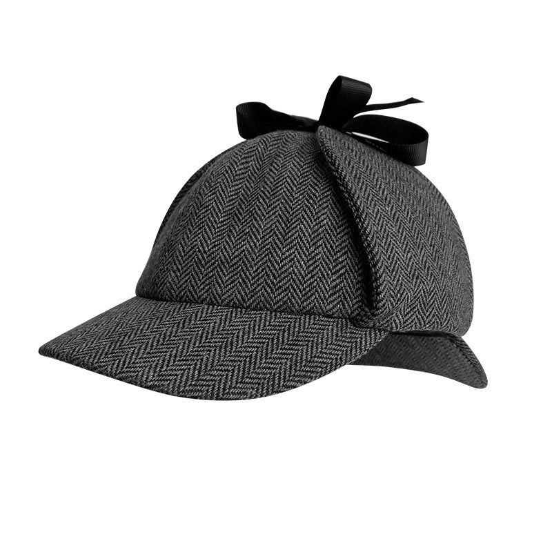 Unisex British-Style Sherlock Holmes Deerstalker Hat for Fall Winter Wool Blend Plaid Double Brim Ear-Warming, Trendy Detective