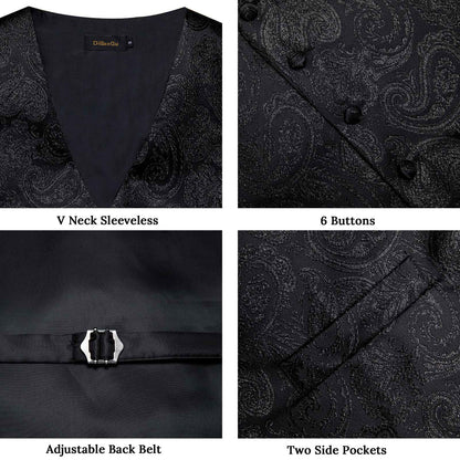 Luxury Paisley Men's Suit Vest Black Pink Red Wedding Prom Tuxedo Waistcoat Necktie Handkerchief Cufflink Sleeveless Jacket Vest