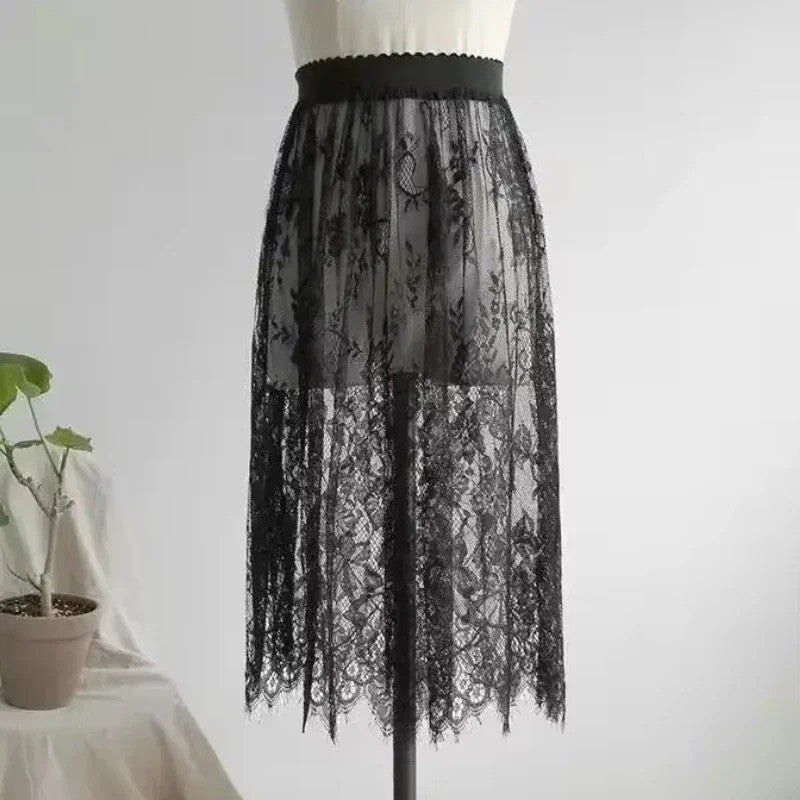 2 Length Elegant Black Skirt White Lace Transparent Long Tulle Skirt Ladies Elastic High Waist Beach Midi Skirt Drop shipping