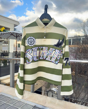 New Sume Gem Stone Embroidery Rugbys Long Sleeved T-shirt Men Women Harajuku Hip Hop Stripe Polo Shirt Classics Lapel Neck Shirt