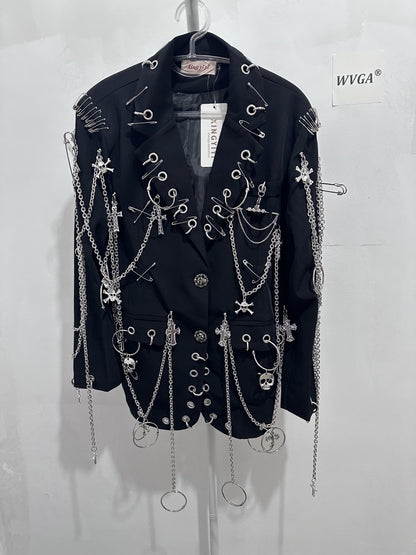 WVGA Spring Autumn New Men Y2K Dark Techwear Gothic Chain Design Blazer Punk Rock Heavy Beaded Niche Chic Casual Suit-Coat W8497