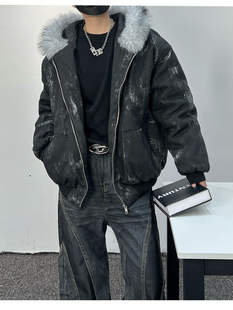 Cotton jacket with fur collar eagle embroidered and tie-dyeed winter men's design outdoor jacket thick and comfortable