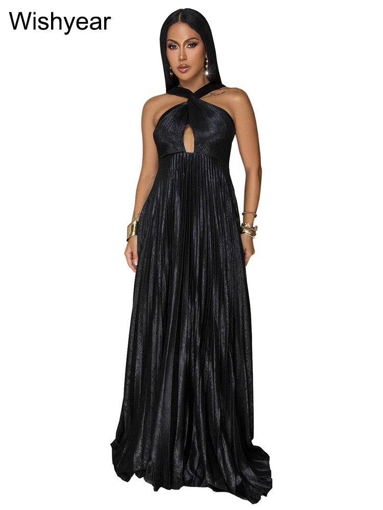 Wishyear Women's Sexy Ruched Patchwork Bodycon Dress Halter Sleeveless Backless for Autumn Birthday Party Evening Christmas Prom