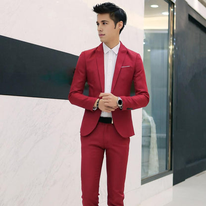 2Pcs/Set Men Slim Fit Suit Set Lapel Long Sleeve Single Button Suit Coat Mid-rise Long Pants Set Solid Color Business Outfit