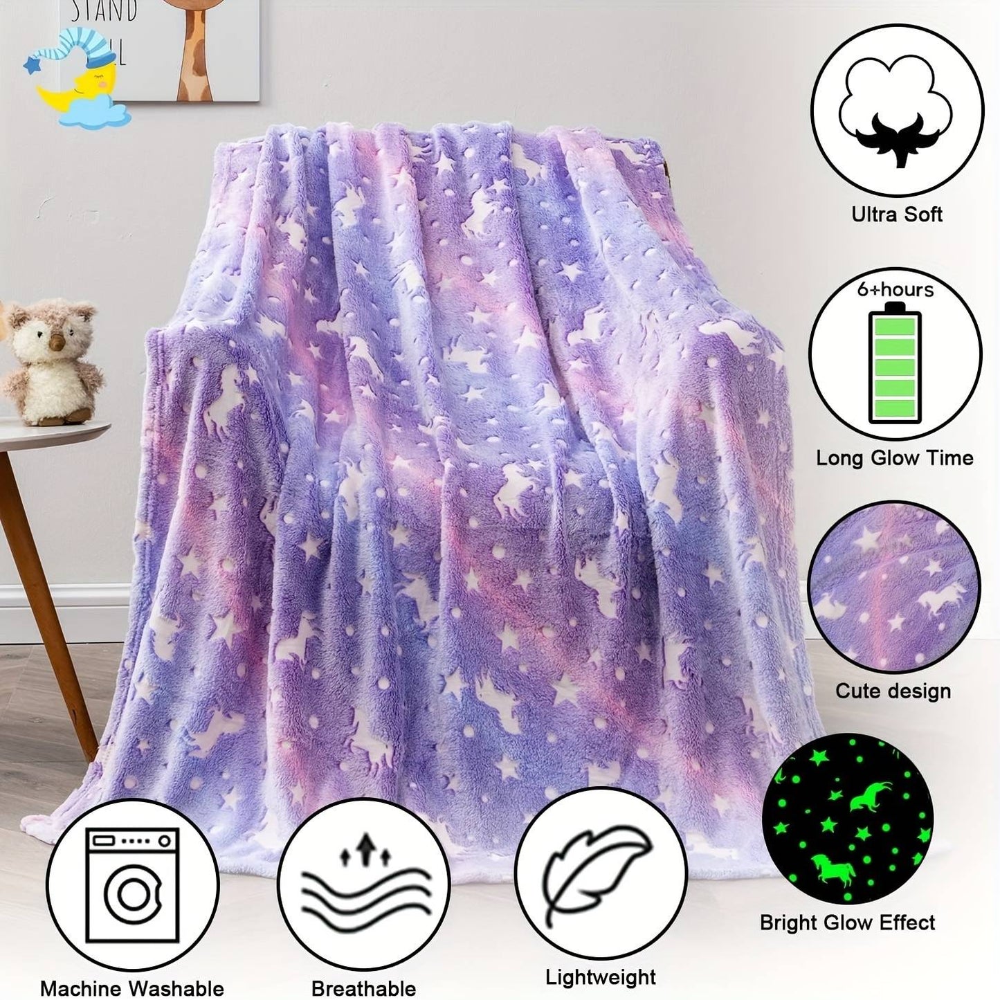 1 cobertor luminoso Pegasus gradiente roxo, cobertor macio e confortável de flanela de lã para dormir, cobertor de escritório