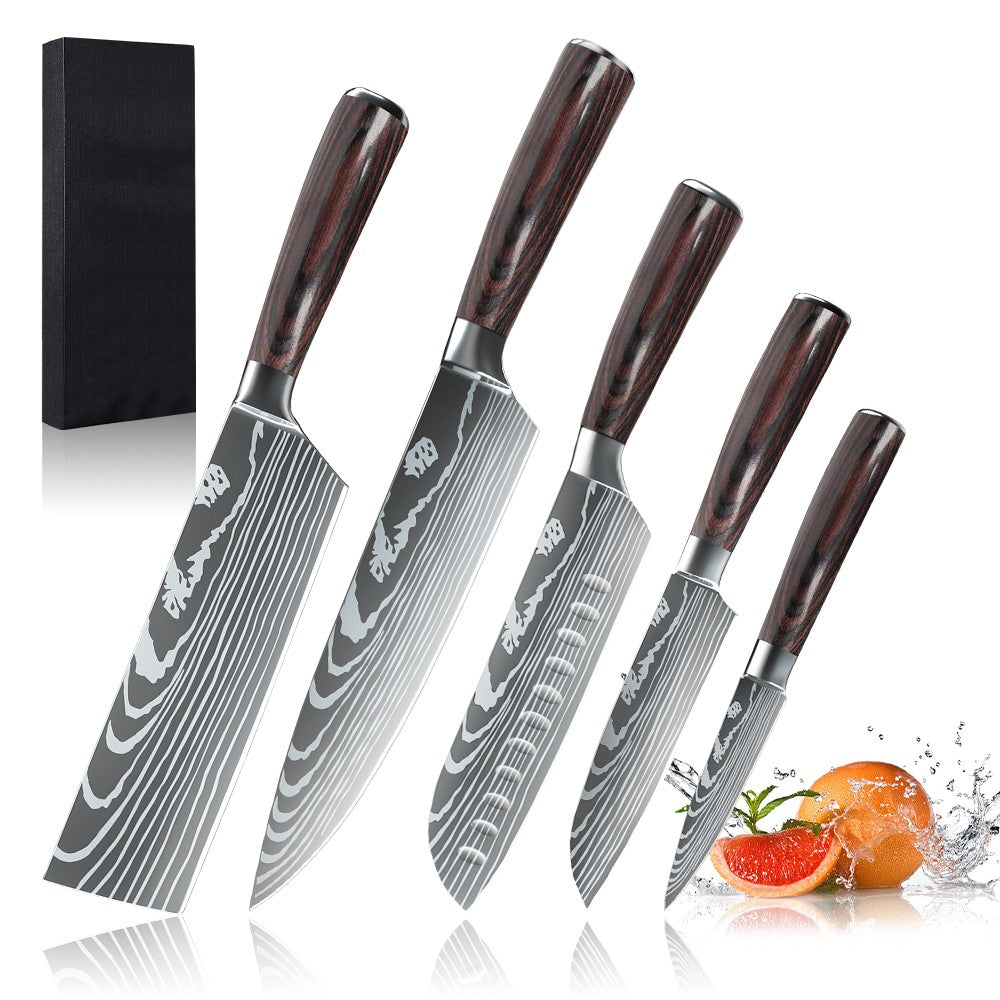 MDHAND Conjunto de Facas de Chef com Padrão de Damasco a Laser de 1 a 10 peças, Fatiador de Carne em Aço Inoxidável, Cutelo com Cabo de Madeira Antiderrapante, Coleção