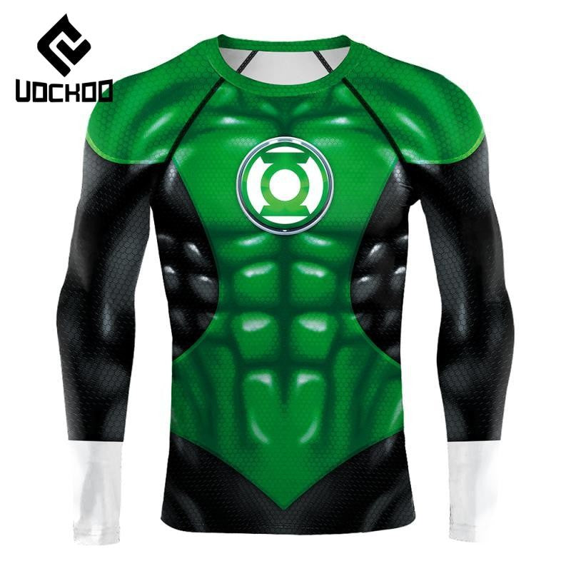 Superheroes Cosplay Costume Men Green Compression Shirts Lantern Printing Long Sleeves Tops Gym Sports Shirt Male Clothes