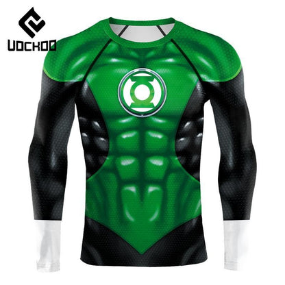 Superheroes Cosplay Costume Men Green Compression Shirts Lantern Printing Long Sleeves Tops Gym Sports Shirt Male Clothes