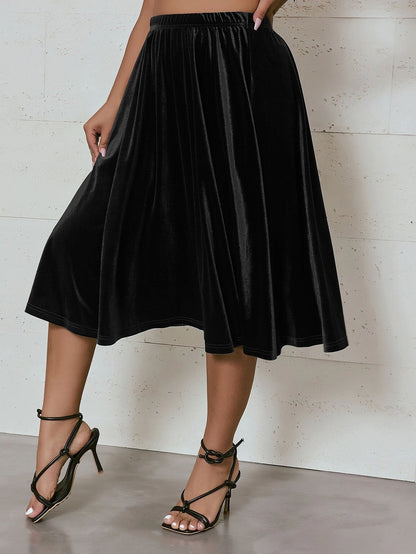 Plus Size High Elastic Waist Velvet Skirt Women Solid Black Spring Autumn Midi Party Skirt A-line Flare Skirt Large Size 6XL 7XL