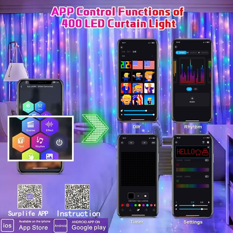 400 LED Smart Curtain Lights String Lights with App Remote Control Music Sync Christmas Curtain String Outdoor Fairy Lights