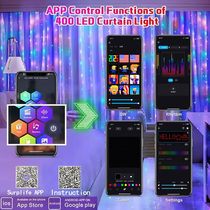 400 LED Smart Curtain Lights String Lights with App Remote Control Music Sync Christmas Curtain String Outdoor Fairy Lights