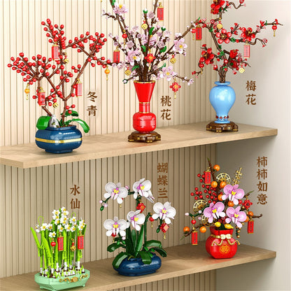City Creativity Flower Bouquet Peach Blossom Narcissus Bonsai Potted Plant Building Blocks Model New year Home Decoration 2025