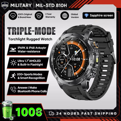 New Outdoor Sports Smart Watch 1.7" HD AMOLDE Screen 1000mAh Battery LED Flashlight IP68 Waterproof BT Call Military Smartwatch