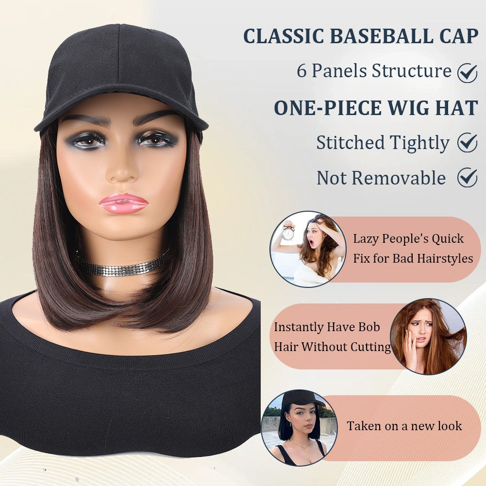 Boné de Beisebol com Extensões de Cabelo Sintético, Resistente ao Calor, 25 cm, Peruca Curta Lisa Ajustável Estilo Bob em Boné para Uso Diário Feminino
